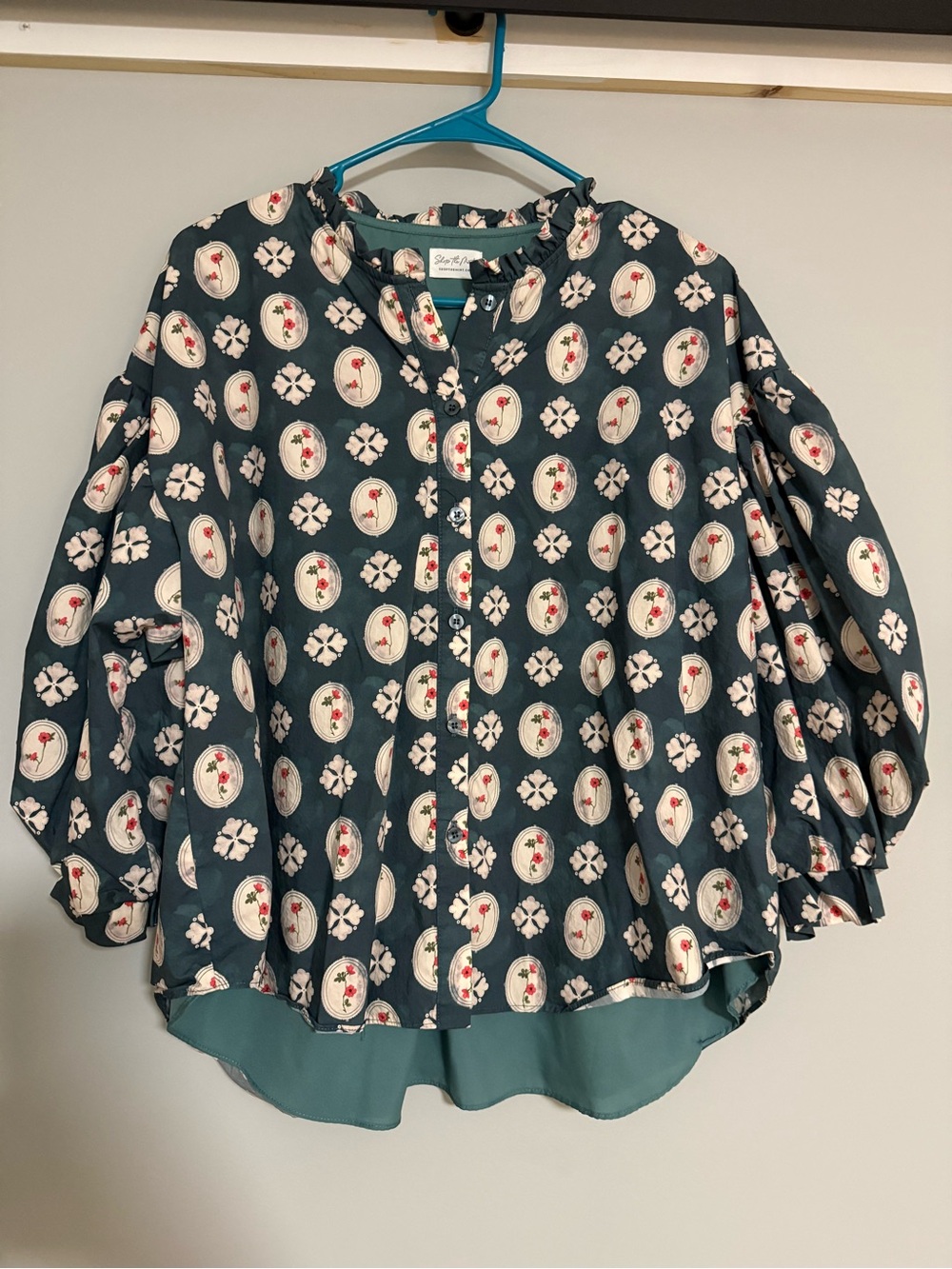 Floral Medallion Smocked-Neck Blouse - Teal - Picture 1 of 1